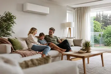 A family sits together on a sofa in a bright living room, sharing a tablet while relaxing in their comfortable aircon cooled home