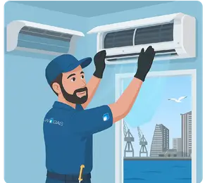 Illustration of a Bosch air conditioning unit above a sofa in a living room, with a town view through the window