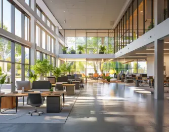 Inside a modern open office with large floor to ceiling windows and spaced desking.